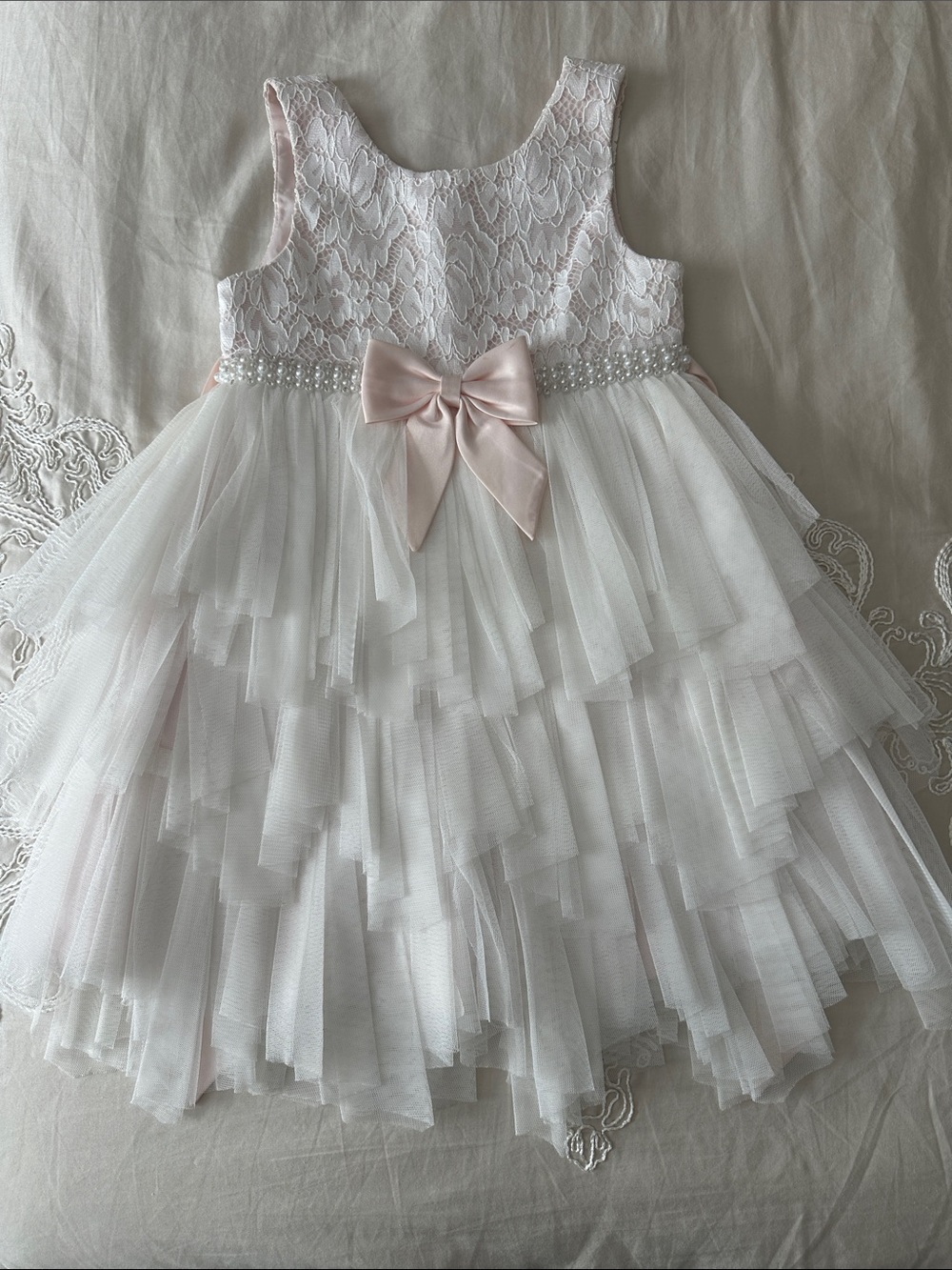 American Princess White Lace Tulle Dress with Pink Bow